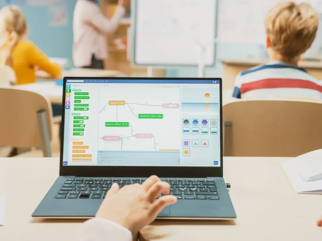 Élève de dos travaillant sur un ordinateur portable en classe, programme par blocs à l’écran, tableau interactif au fond