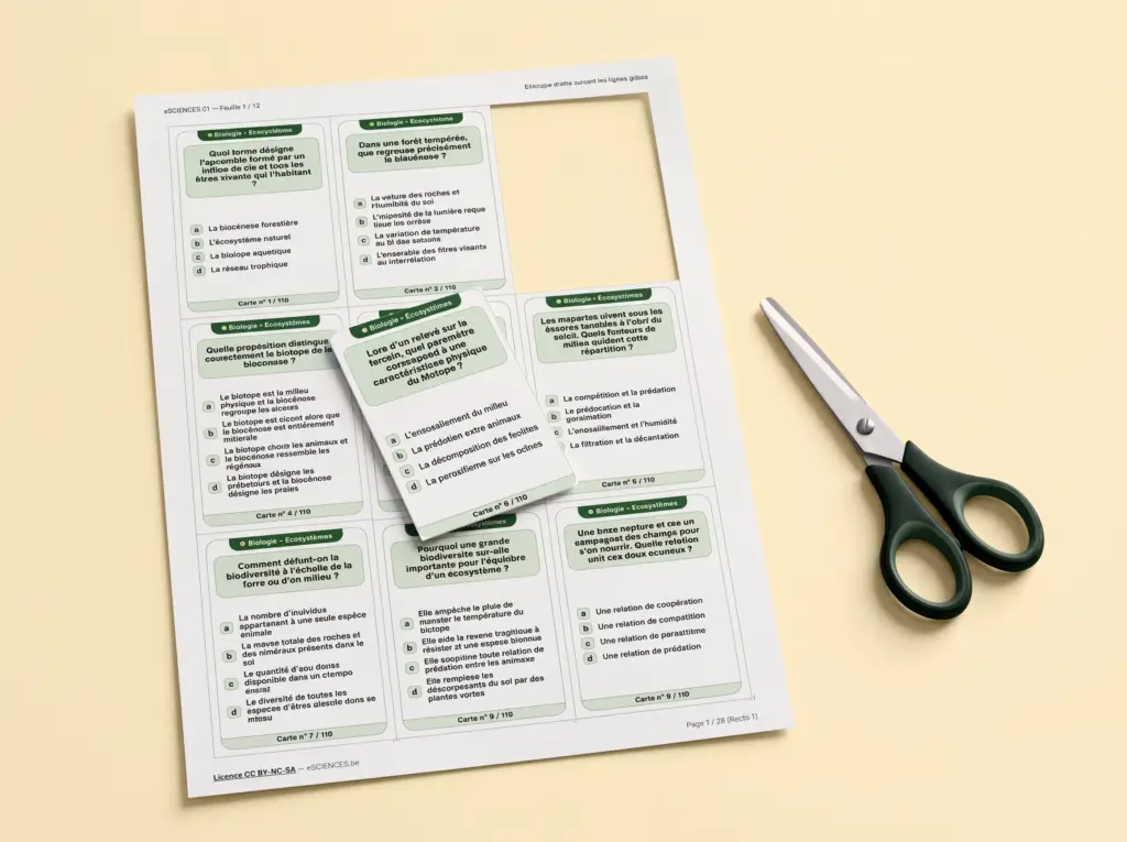 Planche de cartes QCM de sciences imprimée, une carte découpée et une paire de ciseaux